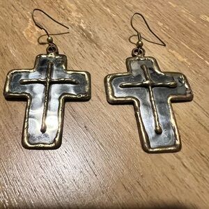 Silver tone and brass accented cross earrings with wires. Dangle is 1.5” long.